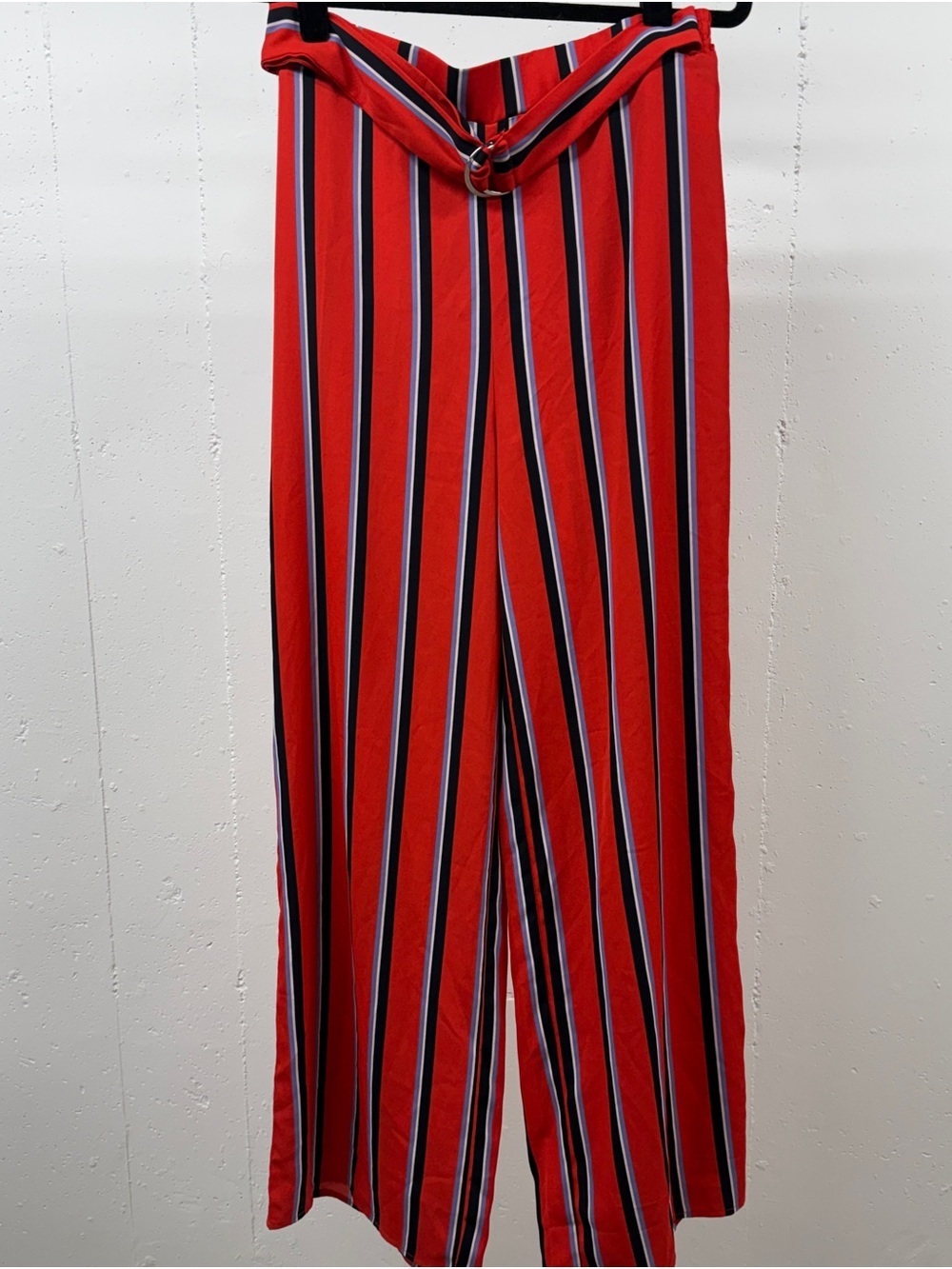 Bright reddish, black, blue and white Striped Fabric flowy pant